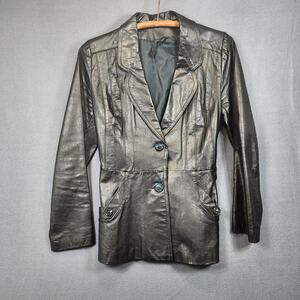 Vintage Womens Leather Jacket 9/10 Black OPERA Button Waist Tie Classic Mob Wife